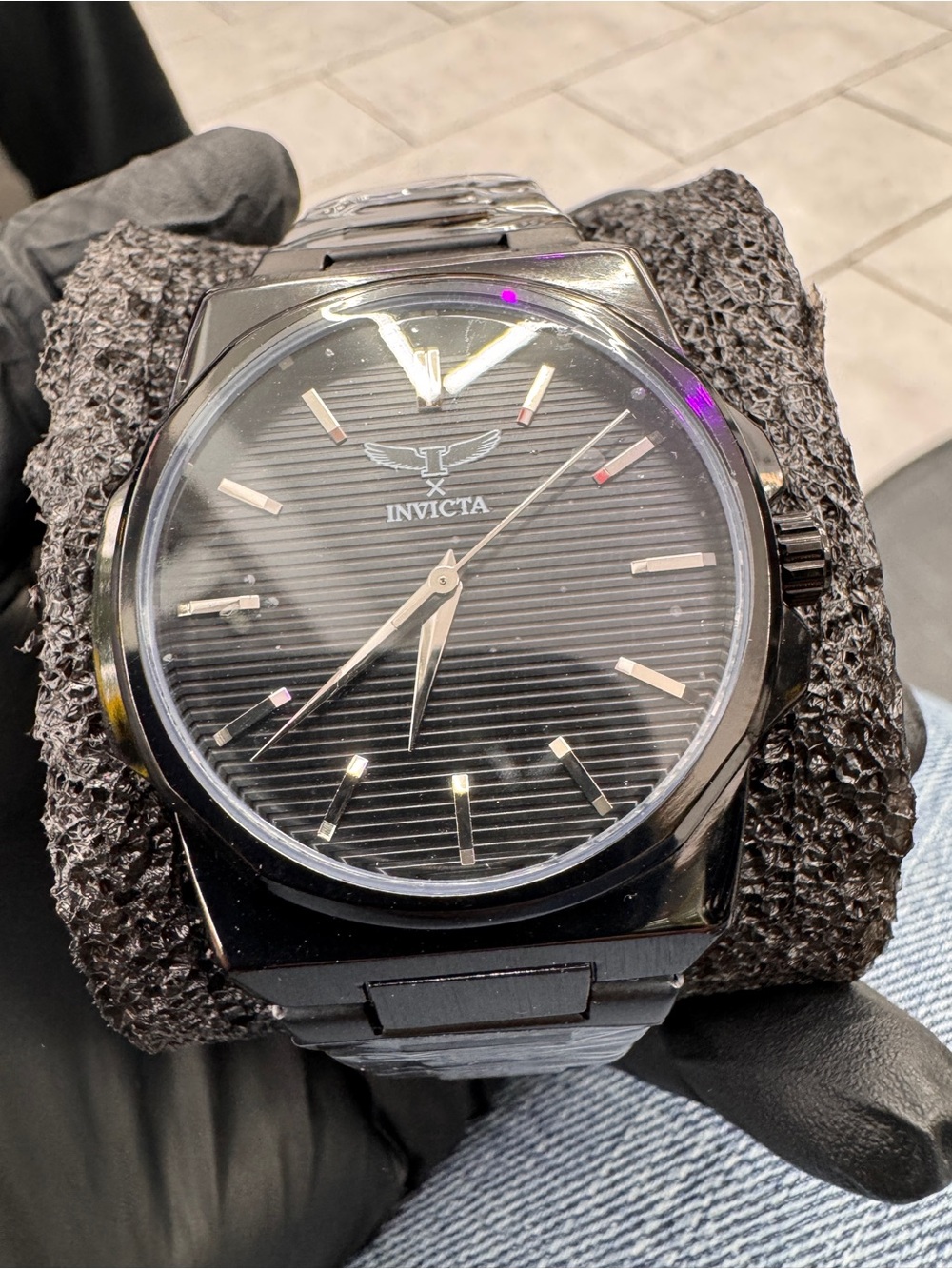 Invicta Men's Black Stainless Steel Bracelet Watch with Striped Dial